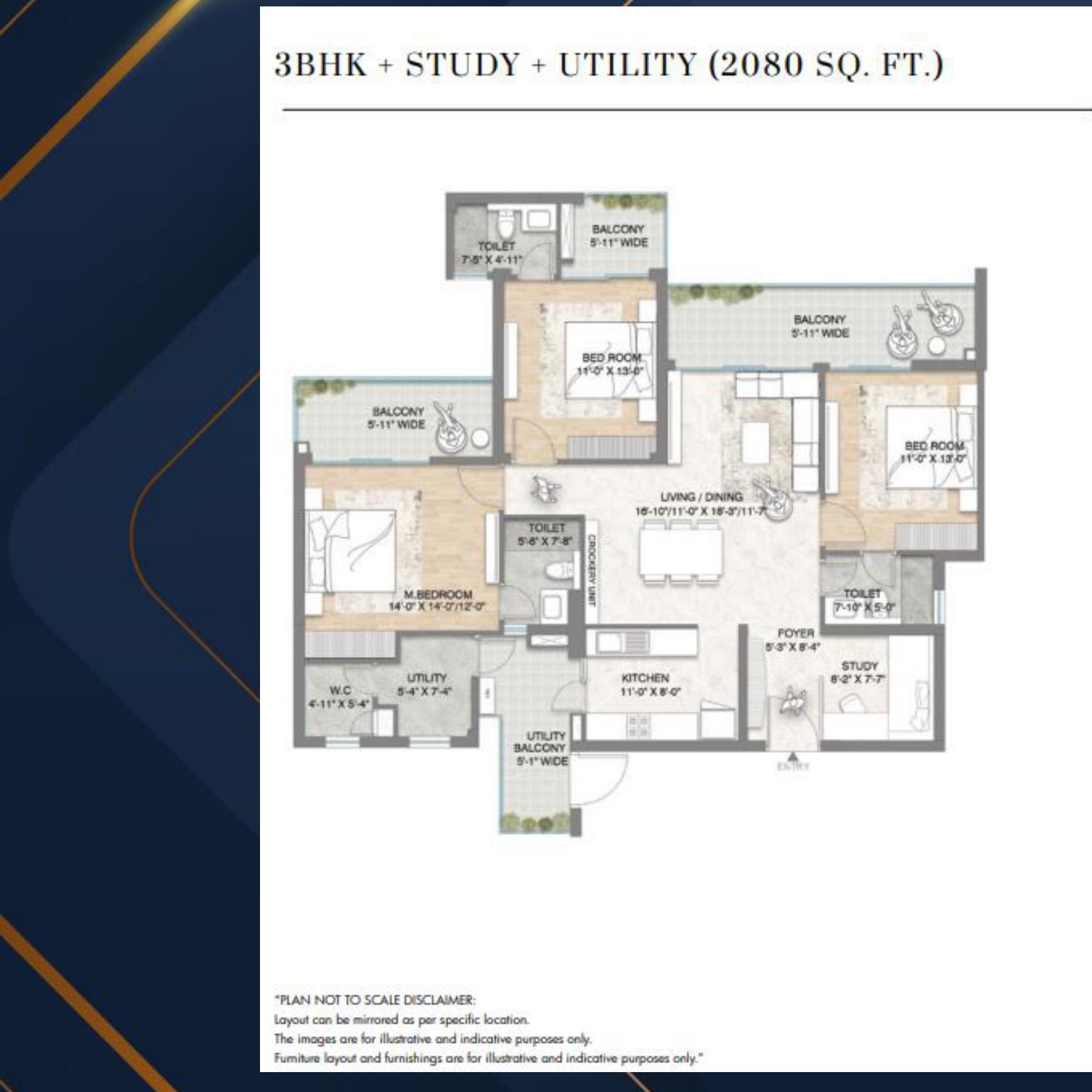 3 BHK + Study + Utility, 2080 sq. ft.