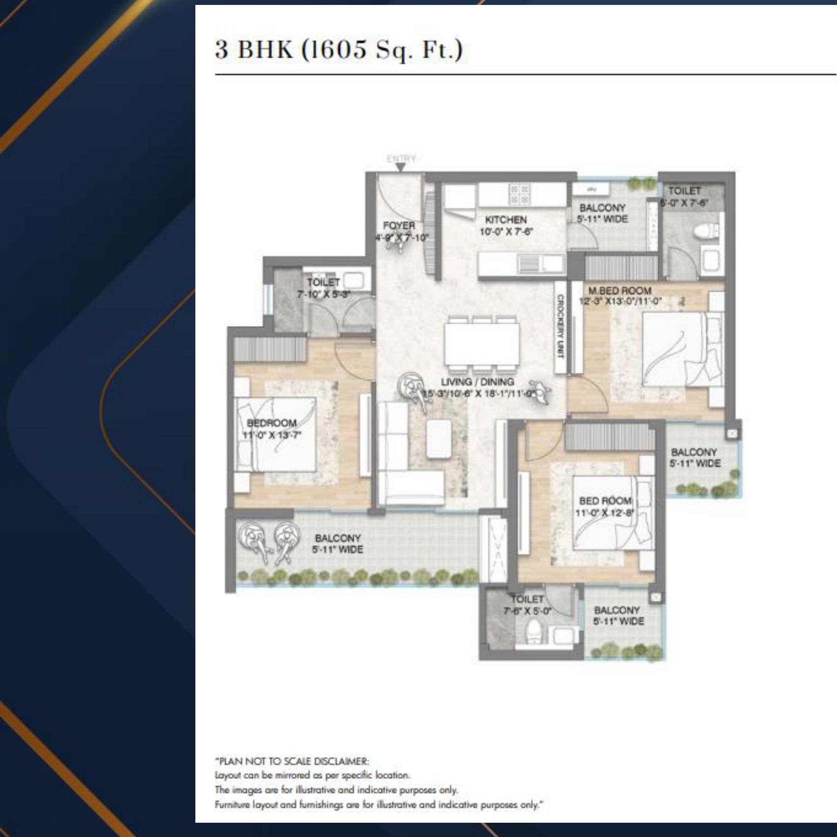 Floor plan as printed in the brochure — 3 BHK, 1605 sq. ft.