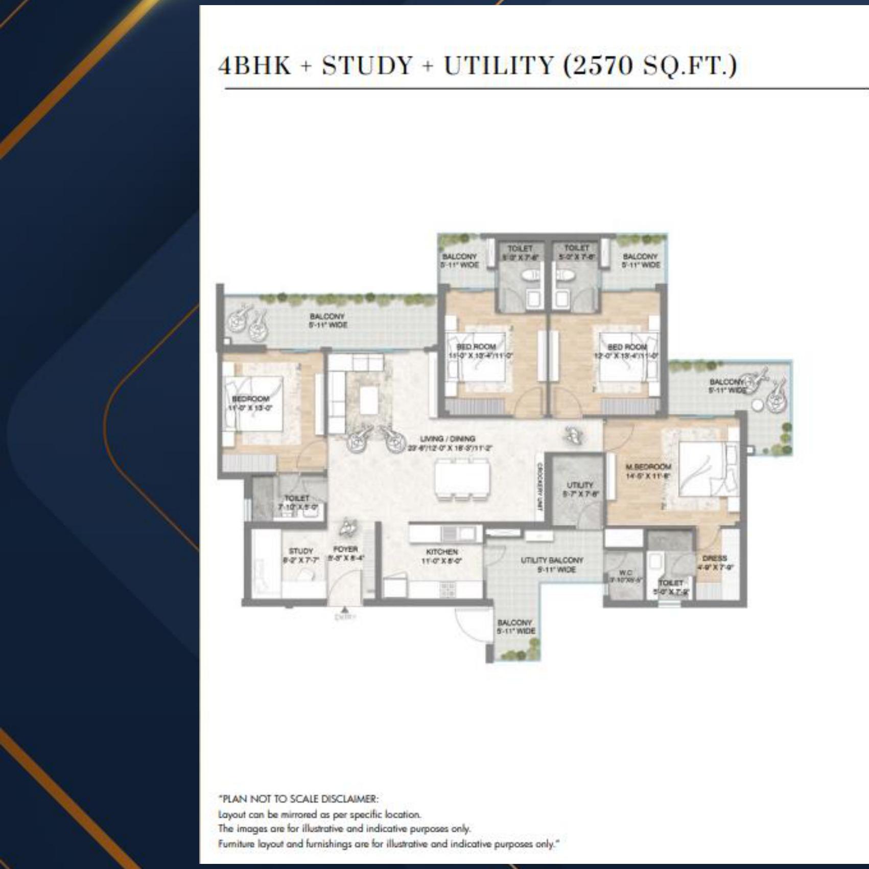 Floor plan as printed in the brochure — 4 BHK + Study + Utility, 2570 sq. ft.
