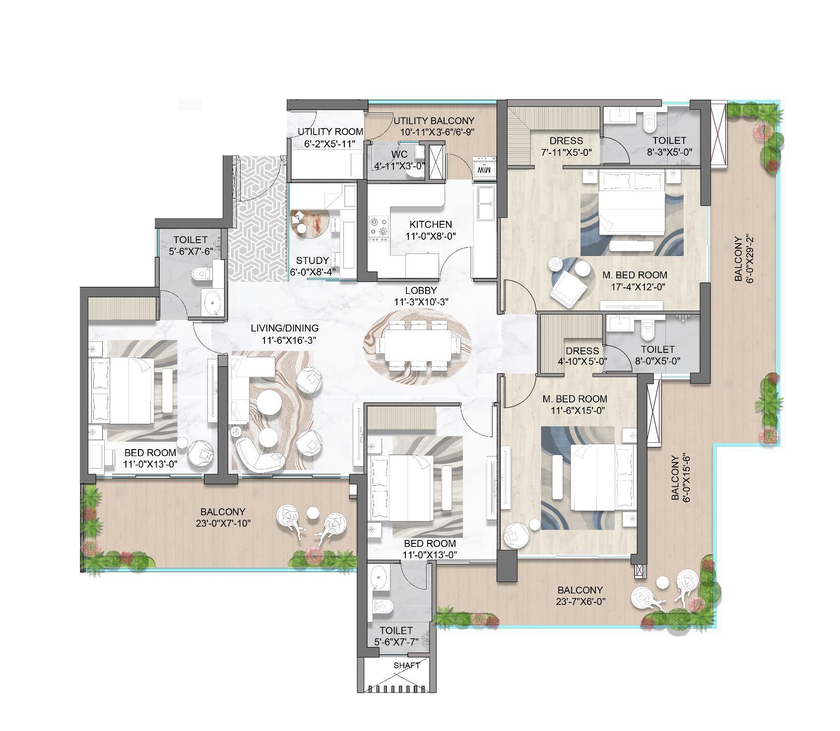 Floor plan — 4 BR + Study + Utility, 2970 sq. ft. — M3M St. Andrews
