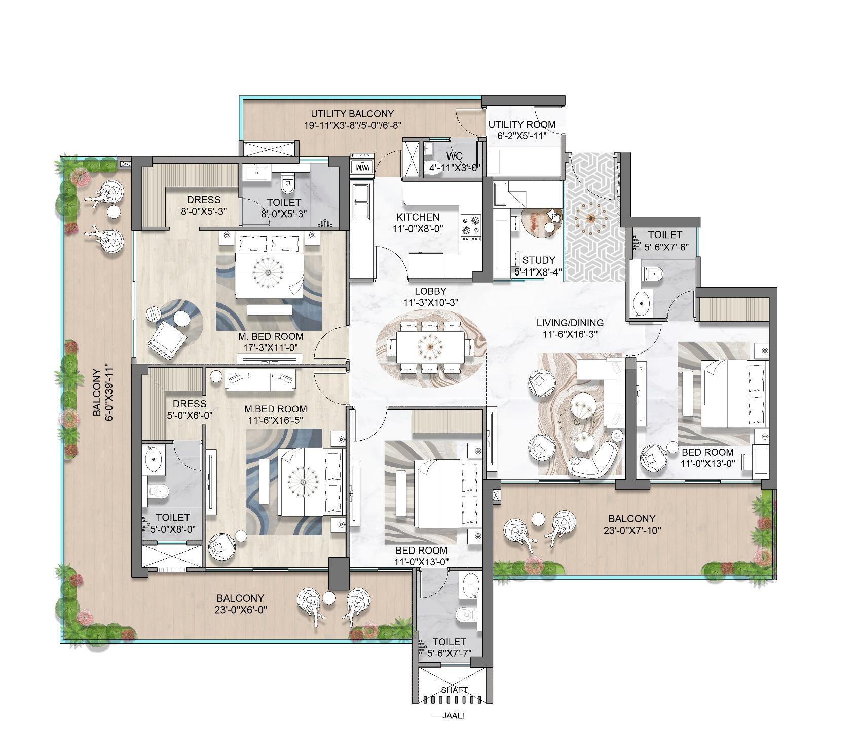 Floor plan — 4 BR + Study + Utility, 2995 sq. ft. — M3M St. Andrews