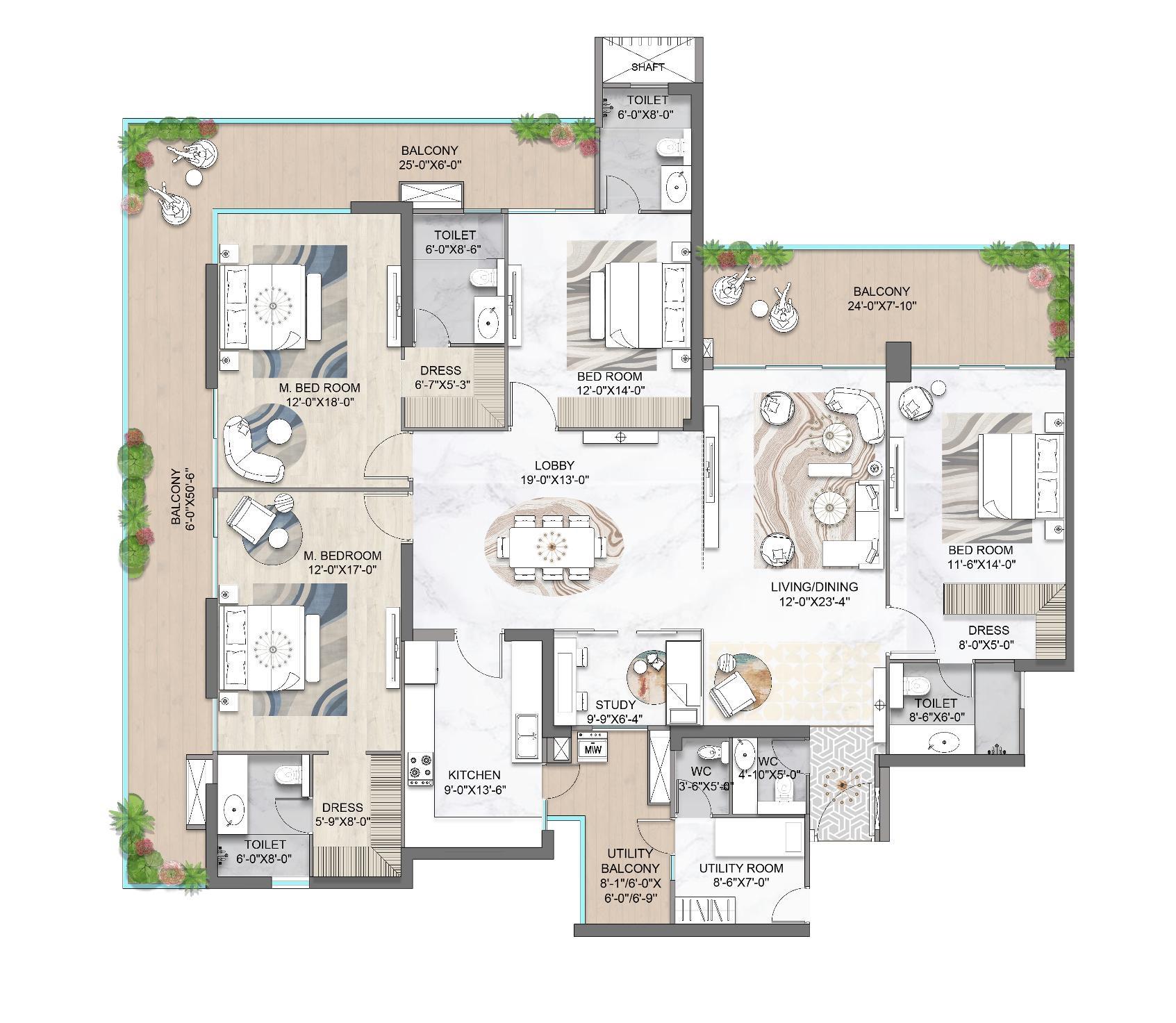 Floor plan — 4 BR + Study + Utility, 3745 sq. ft. — M3M St. Andrews