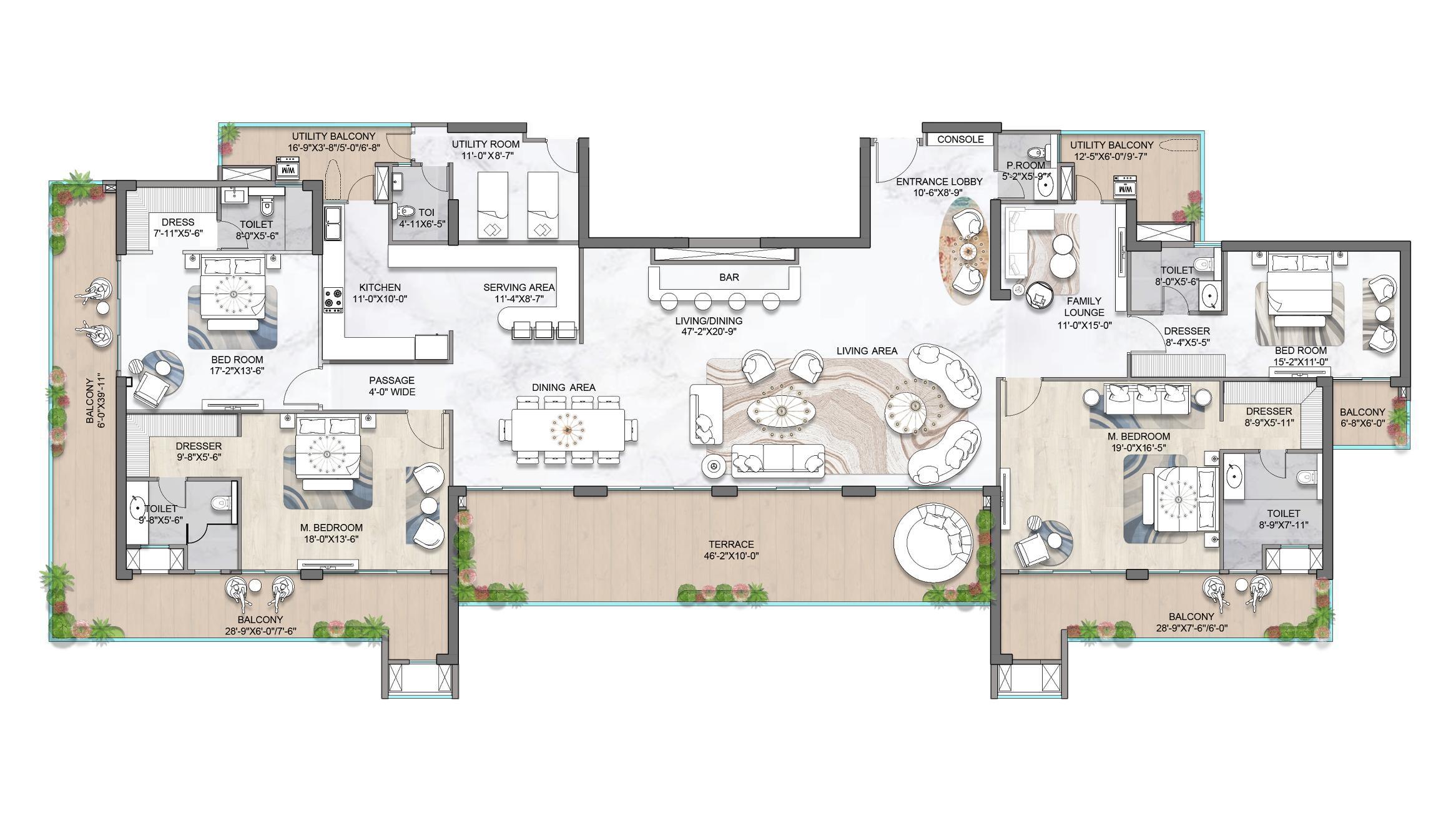 Penthouse plan — 4 BR + Family Lounge + Utility, 5960 sq. ft. — M3M St. Andrews