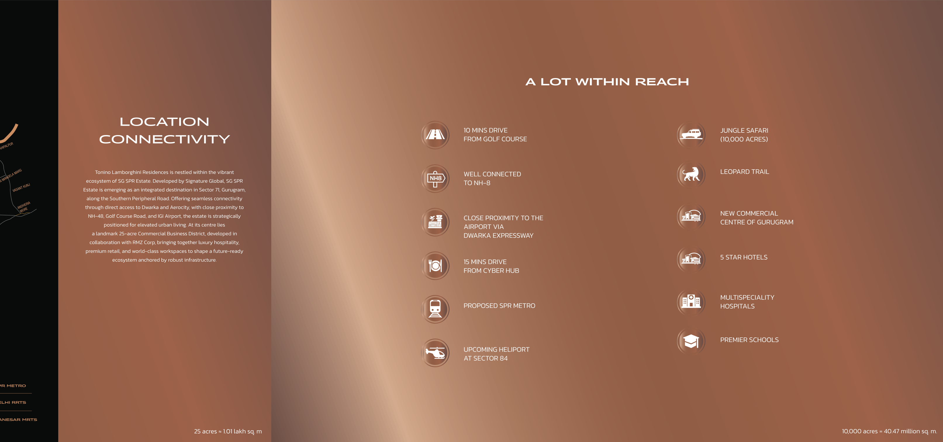 Connectivity map — Sector 71, SPR. The project's own positioning claims, as printed. — Tonino Lamborghini Residences