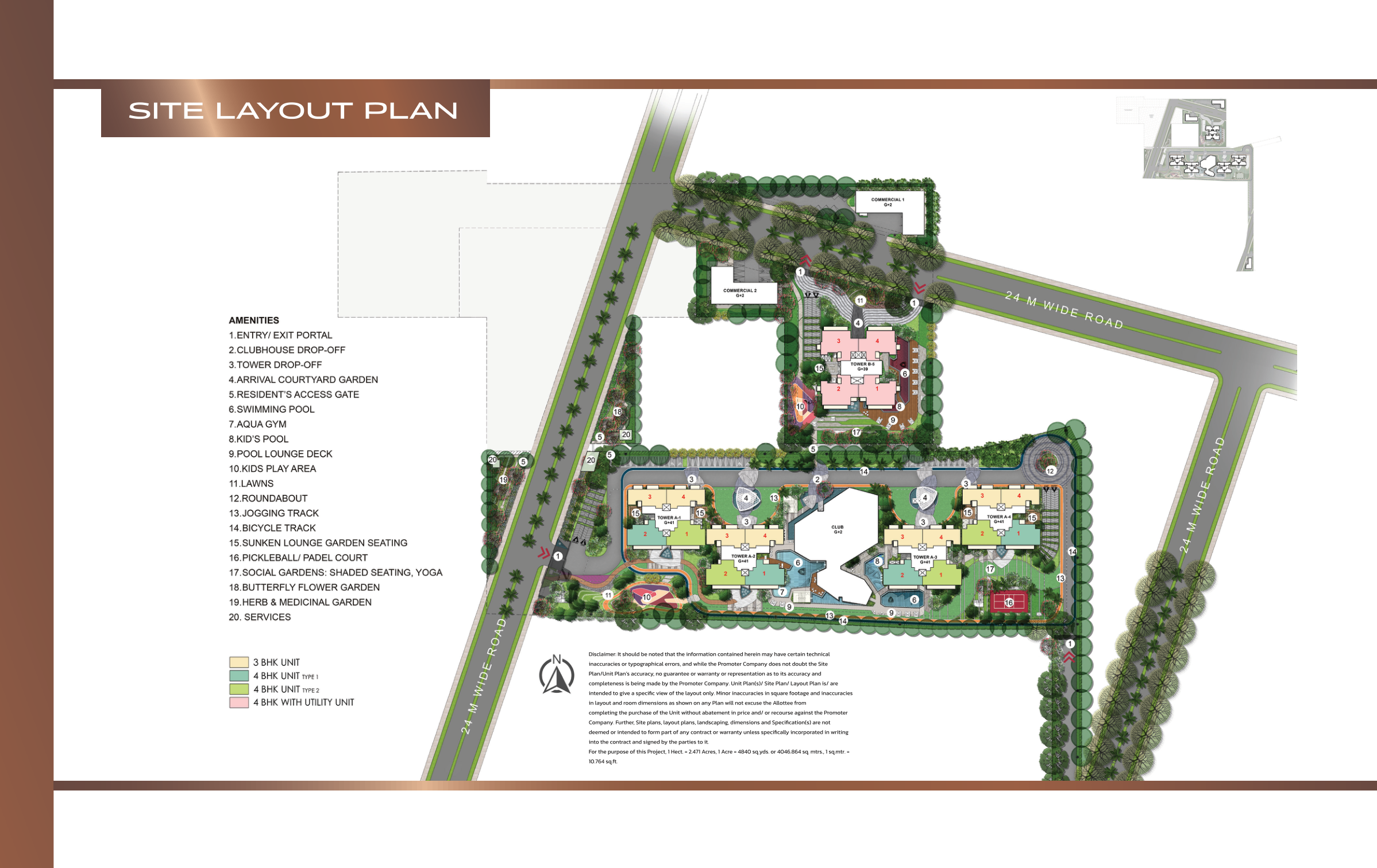 Site layout plan — 5 towers, clubhouse, and landscaped central greens — Tonino Lamborghini Residences