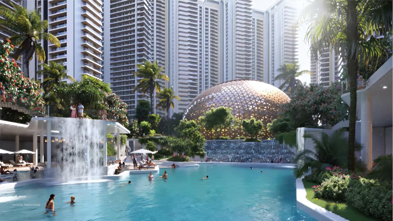 Elan The Emperor — Towers rising above podium gardens at Elan The Emperor